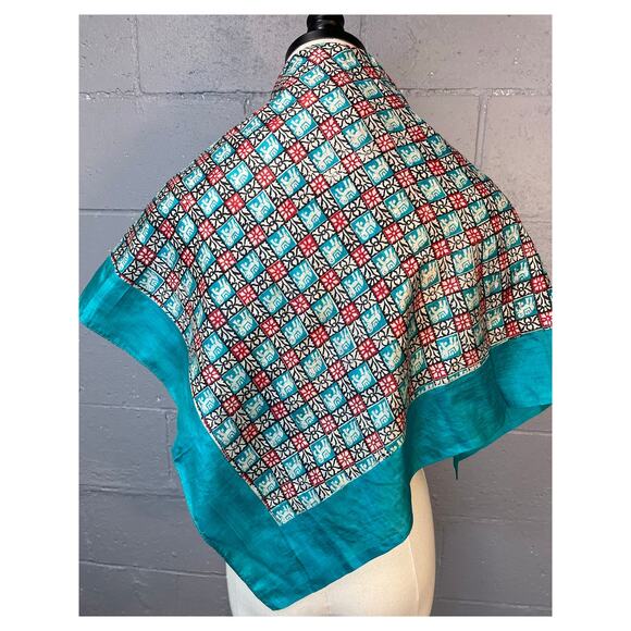 Vintage Mid Century Elephant Silk Scarf Indian Block Print Tile Print Turquoise - Picture 3 of 10